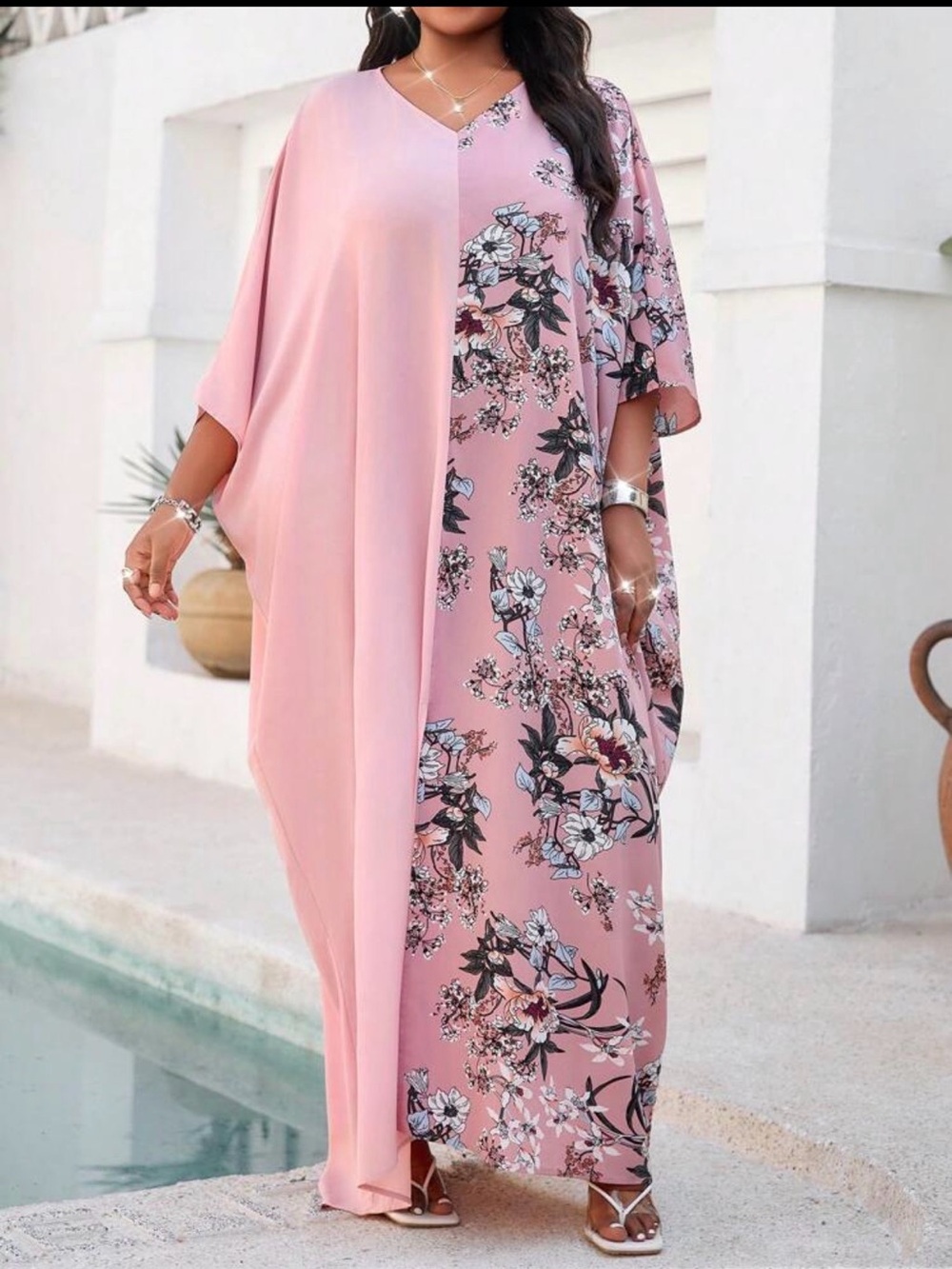 Elegant Pink Floral V-Neck Maxi Dress - Picture 3 of 3